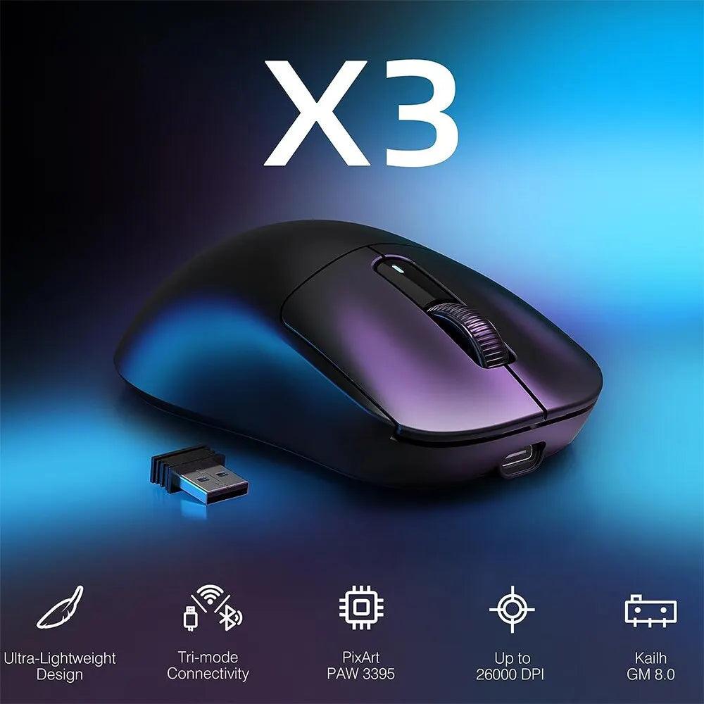 X3 Lightweight Wireless Gaming Mouse with 3 Mode 2.4G USB-C Wired Bluetooth 26K DPI PAW3395 Optical Sensor for PC/Laptop/Win/Mac - TendTuddo