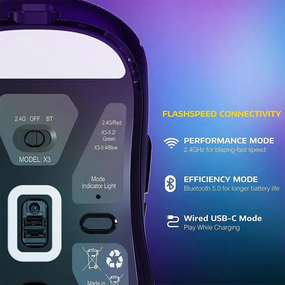 X3 Lightweight Wireless Gaming Mouse with 3 Mode 2.4G USB-C Wired Bluetooth 26K DPI PAW3395 Optical Sensor for PC/Laptop/Win/Mac - TendTuddo